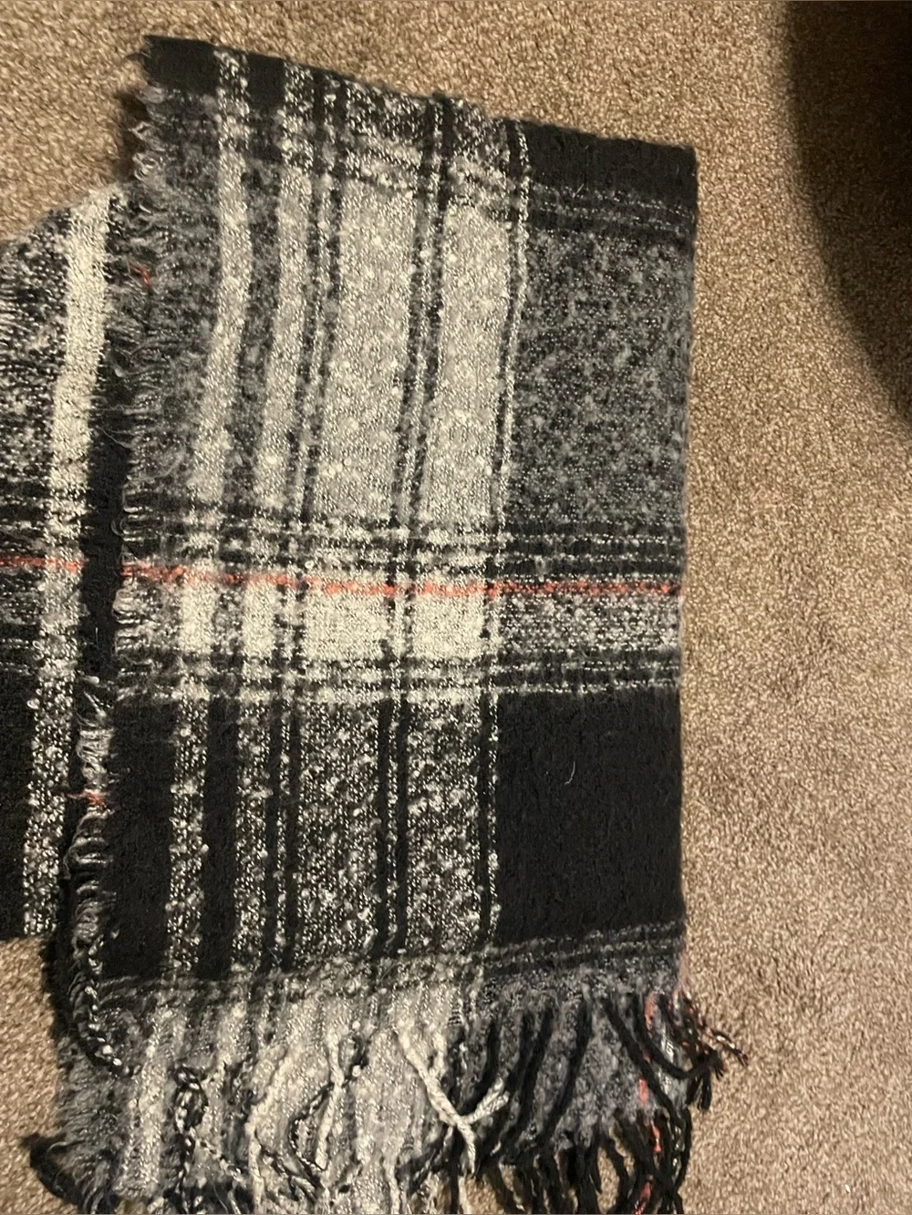 Cozy Plaid Fringe Scarf in Black, Gray & Pink Accent
